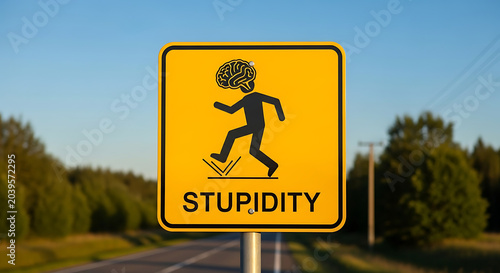 Humorous Warning Road Sign Depicting Stupidity and Human Ignorance Symbolized on Yellow Diamond Caution Traffic Plate for Metaphorical Safety Messaging in Conceptual Art Style.