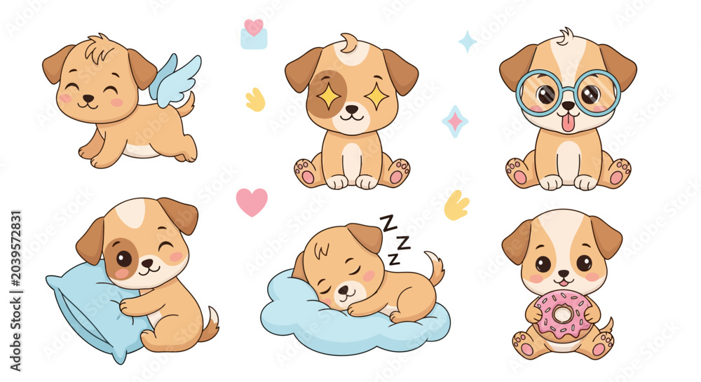 Fototapeta premium Cute cartoon puppy sticker set with various poses and accessories