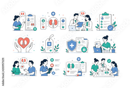 Kidney Donor Banner. Kidney donor, kidney transplant, organ donation, medical support and patient care. 12 minimalist editorial vector scenes: a healthcare worker explains donation documents, a kidney