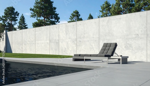 Modern Outdoor Lounge Area with Chaise Lounge by Pool.