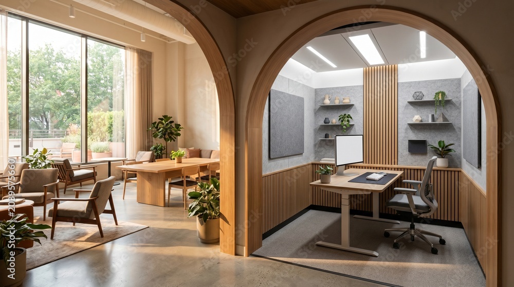 Fototapeta premium Modern office interior with arched doorways, flooded with natural light, showcasing a collaborative lounge and private workspace