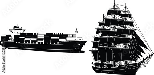 Obraz na płótnie Set of Black Silhouette Vector Illustrations Featuring a Modern Cargo Container