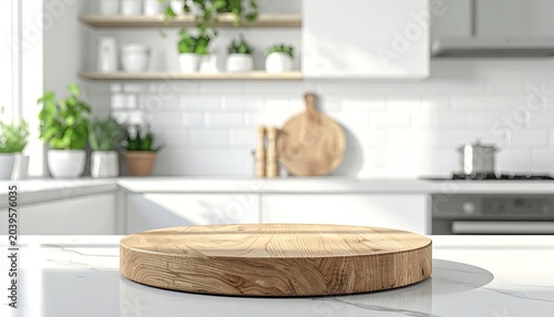 Empty Wooden Cutting Board on Kitchen Countertop with Blurred Background.