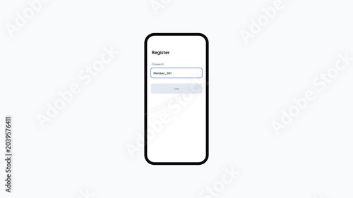 Digital registration form user interface animation showing member ID input field submission followed by a processing loader and success screen