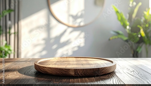 Empty Wooden Display Stand on Table with Natural Light and Shadows.
