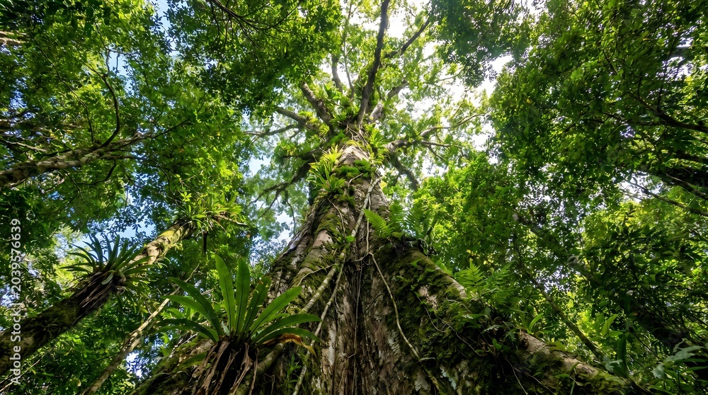 Fototapeta premium Ancient tropical jungle tree seen from low angle