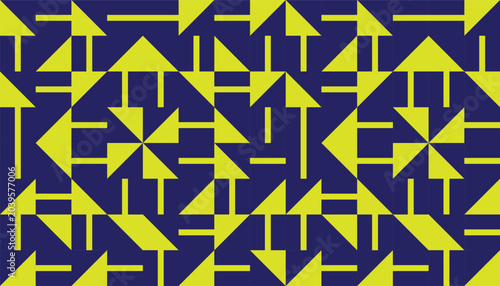 Seamless geometric pattern with abstract arrow and triangle elements, modern repeating background in lime yellow and dark blue