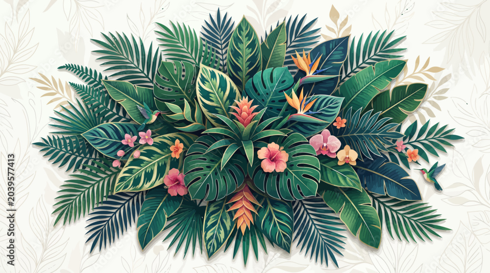 Naklejka premium Exotic botanical arrangement with vibrant tropical leaves and blooming flowers