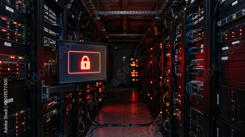 A sleek black computer monitor displays a glowing red digital padlock icon representing critical cybersecurity breach warnings inside a dark and sophisticated high tech server.
