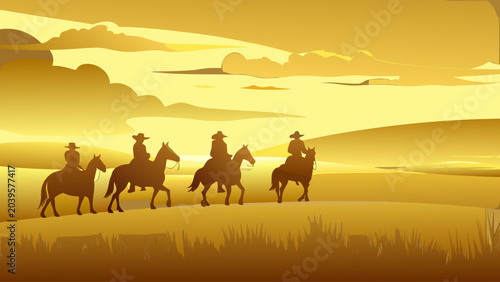 Four cowboys ride horses across a golden landscape with rolling hills and clouds at sunset in a western illustration