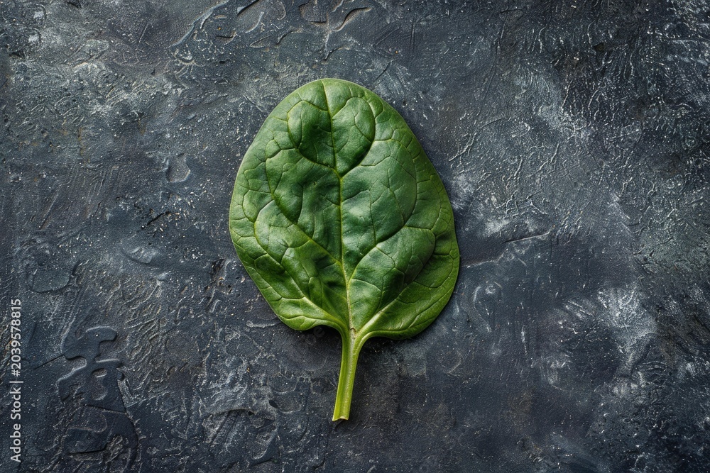 Obraz premium Vibrant green spinach leaf on a textured dark stone background, showcasing its freshness and healthy qualities