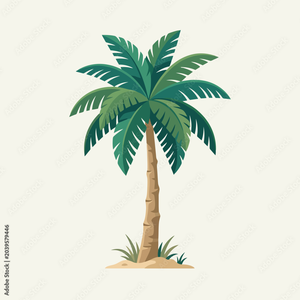 Fototapeta premium A single green palm tree stands on a small sandy patch