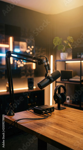 Modern Empty Podcast Studio Setup Featuring Broadcast Microphone And Audio Equipment On Wooden Desk For Recording