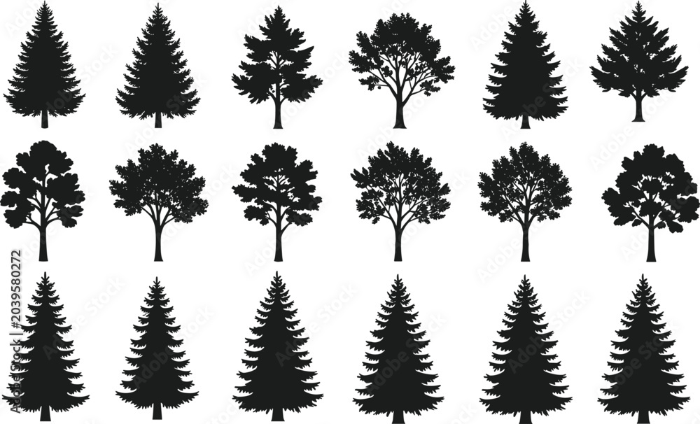 Fototapeta premium Pine and deciduous tree silhouette vector icon set featuring evergreen spruce fir and leafy oak trees for forest landscape nature branding camping and outdoor adventure designs