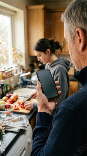 Over The Shoulder View Of Man Holding Blank Smartphone With Teenager Cooking