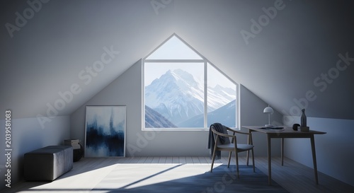 Minimalist attic home office with mountain view through window