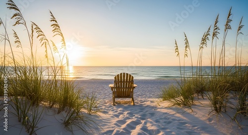 Adirondack chair on a sandy beach at sunset by the ocean