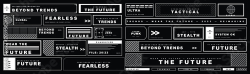 Foto Black and white futuristic labels with trendy phrases and words on dark backgrou