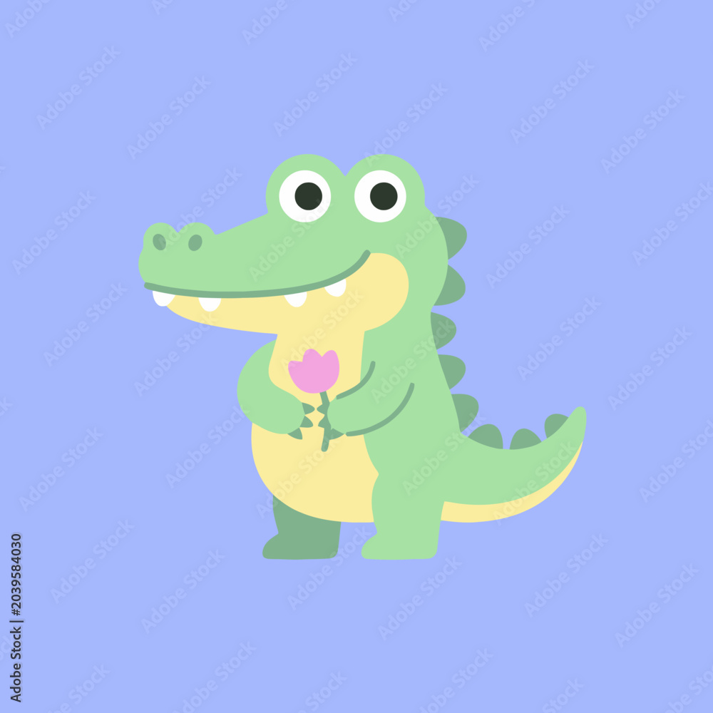 Fototapeta premium A cute green cartoon crocodile holding a small pink flower