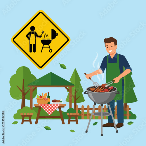 A happy man cooking food on a backyard charcoal grill outdoors