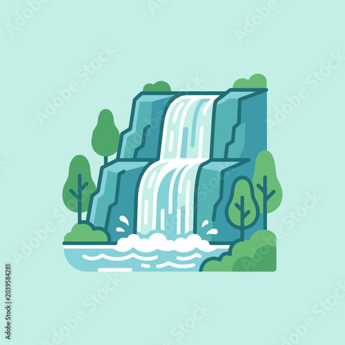 A stylized illustration of a waterfall flowing over rocky cliffs