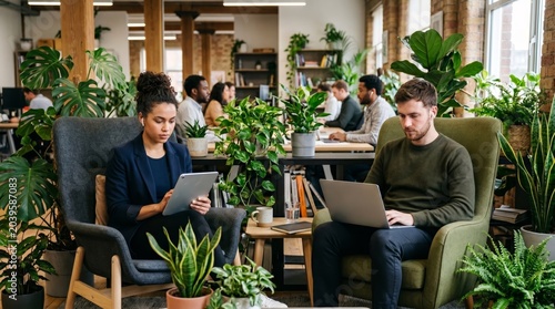 A diverse group of professionals working in a plant filled open office. The concept emphasizes teamwork, productivity, and eco friendly workspaces, for business and lifestyle themes. Generative AI.