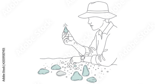 Photos Archaeologist examines ancient artifact found on sandy beach, illustration
