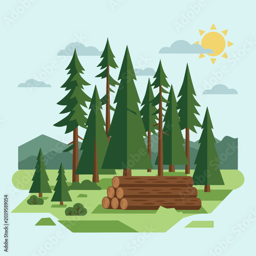 A flat illustration of a pine forest with stacked wooden logs