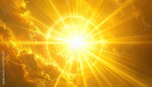 Bright Golden Sun Shining Through Clouds With Radiant Rays.