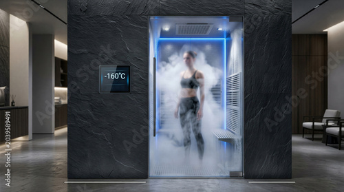 Luxury whole-body cryotherapy chamber with a digital screen showing -160?C. A woman stands inside the glass cabin filled with thick cold mist and neon blue lighting.