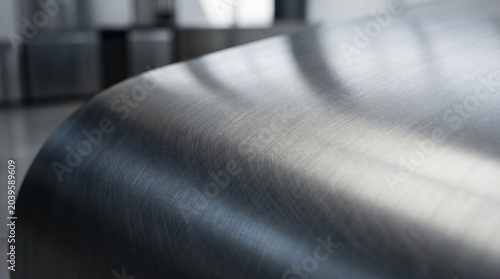 Closeup of a large roll of brushed metal sheet in an industrial setting with blurred background