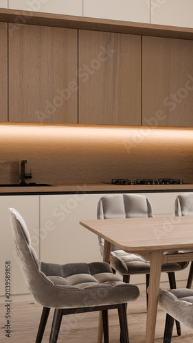Beige Kitchen Wood Cabinets Velvet Chairs Dining 3D Render