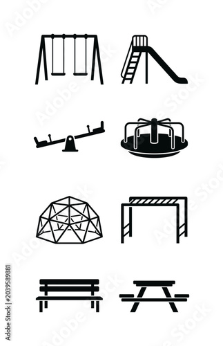 8 Playground Equipment Silhouette Icons, Flat, for Outdoor Recreation and Children's Activities