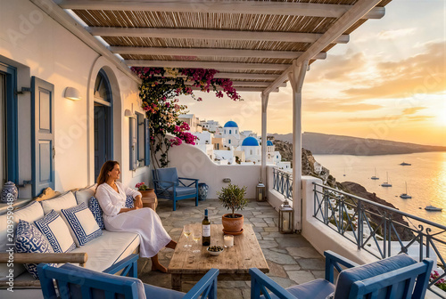 Elegant woman enjoying peaceful sunset view from luxury terrace in Oia Santorini with white blue architecture