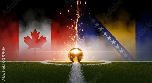 Golden soccer ball on a green football field with Canadian and Bosnian flags in the background surrounded by smoke and sparks perfect for international sports events
