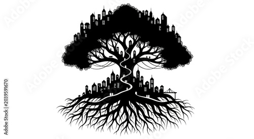 Fotografía Cityscape Tree Silhouette: Urban Roots and Growth Metaphor
