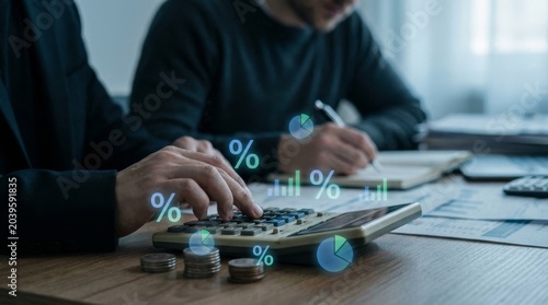 Two professionals working together with calculator and notebook surrounded by financial charts and coin stacks with percentage symbols for teamwork and investment analysis