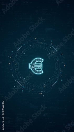Motion graphic of euro symbol with financial technology HUD interface and digital currency data, creating a vertical fintech background for business promotion.