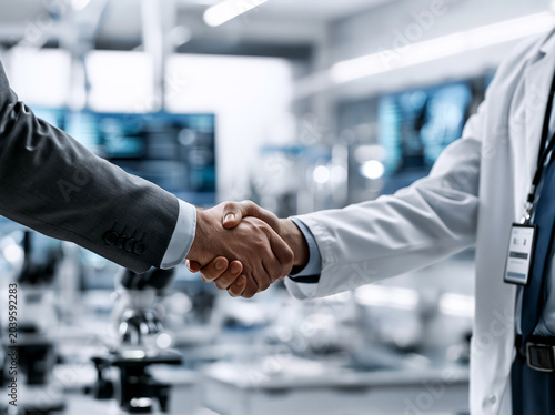 Two professionals shaking hands inside a modern laboratory filled with advanced equipment and technology Generative AI