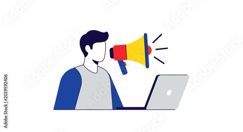 Принти на полотні Man with Megaphone Announces News Online via Laptop, Digital Marketing Concept