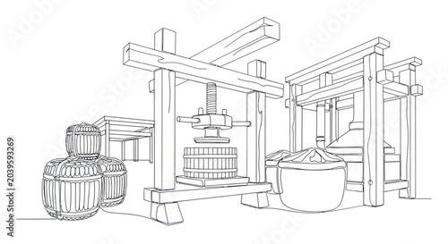 Bild auf Leinwand Vintage Wine Press Machine with Barrels - Historical Production Line Sketch