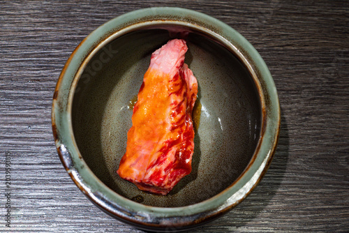 US Angus Wagyu Rib Finger With Miso Sauce Japanese BBQ Style, Premium Angus Wagyu Rib Finger Marinated With Miso For Yakiniku, Tender Wagyu Rib Finger Beef With Rich Miso Flavor Close Up
