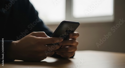 Person holding black smartphone in dark room while sitting at wooden table browsing social media content using touch screen interface with soft window background