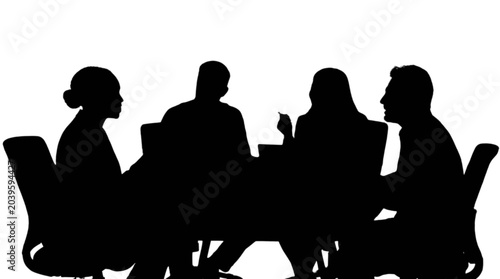 Silhouette of four people meeting around a table isolated on transparent background, Vector