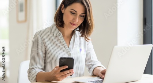 Smiling attractive woman sitting at desk using smartphone and laptop computer in bright modern home office during remote work session with minimalist furniture