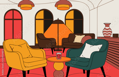 Billede på lærred Cozy armchairs arranged in elegant lounge warm ambient lighting refined interior