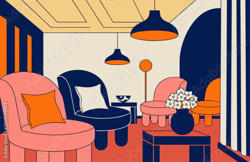 Billede på lærred Cozy armchairs arranged in elegant lounge warm ambient lighting refined interior