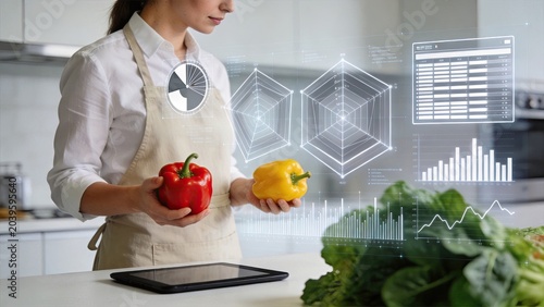 Chef holding bell peppers with nutritional analysis charts, healthy food concept, organic vegetable quality control, diet tracking application, culinary science data, kitchen