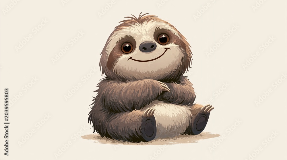 Fototapeta premium Friendly cartoon sloth smiles, sitting down. Great for kids' posters and pictures.