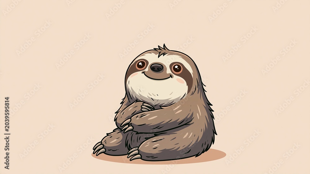 Fototapeta premium Friendly cartoon sloth smiles, sitting down. Great for kids' posters and pictures.